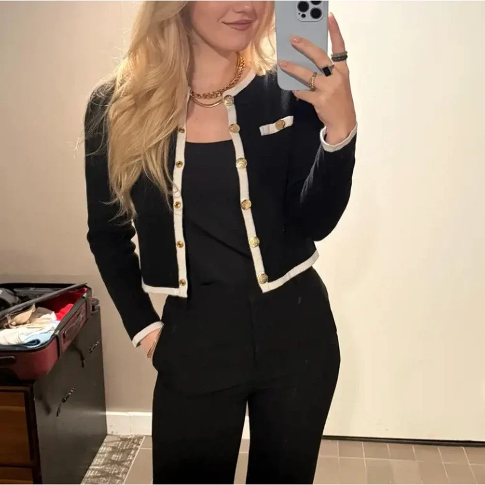 Alexia Admor Black White Career Cardigan Sweater SMALL Preppy Bolero Jacket $169 - Picture 7 of 13